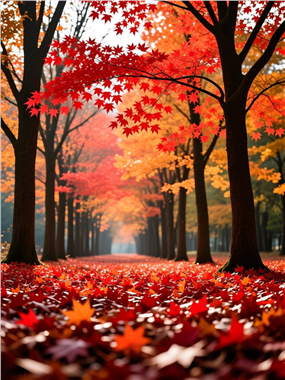 秋天红色枫树林满地枫叶摄影图片